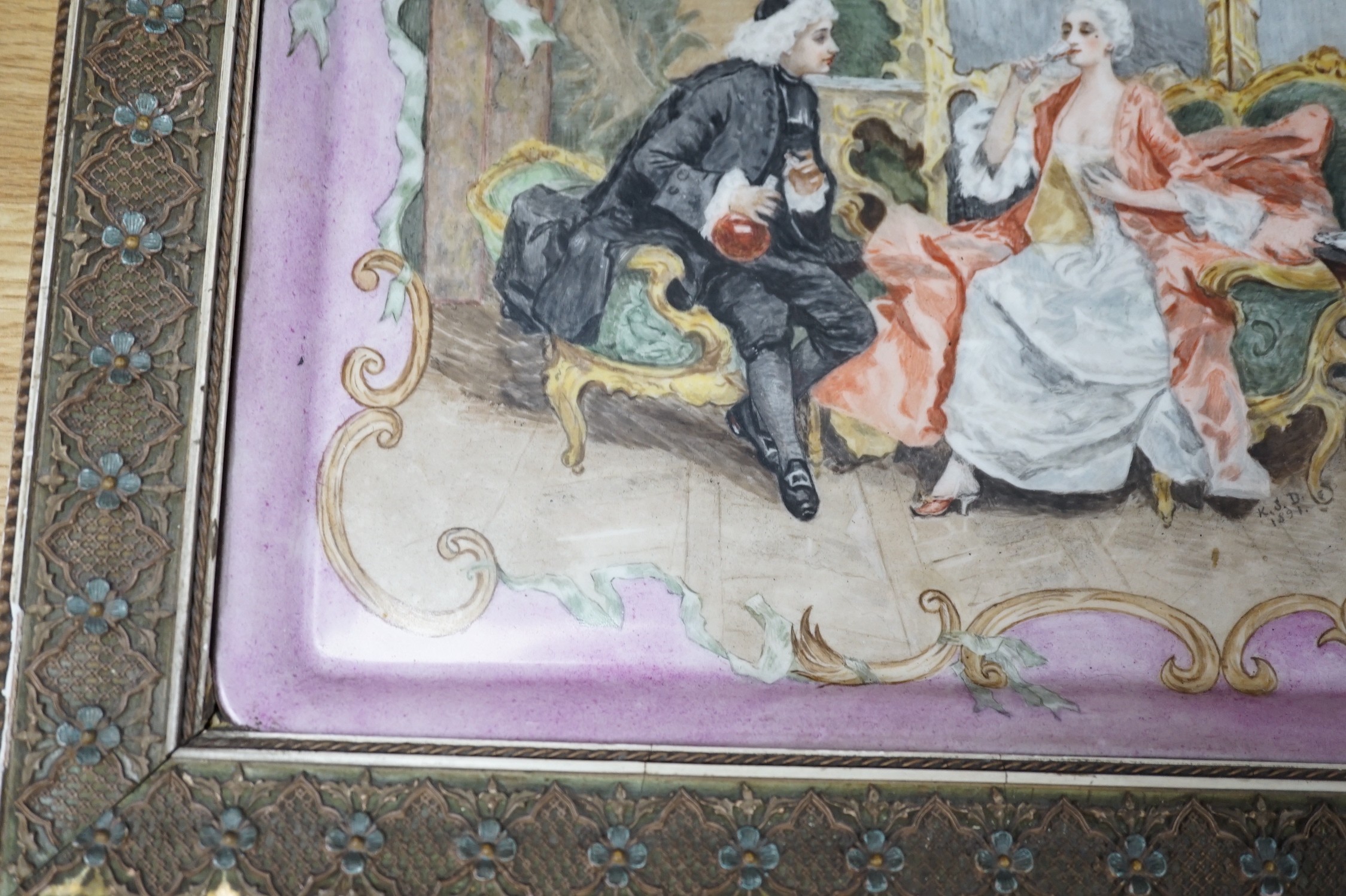 A Continental figure painted porcelain rectangular tray, framed, 35x40cm